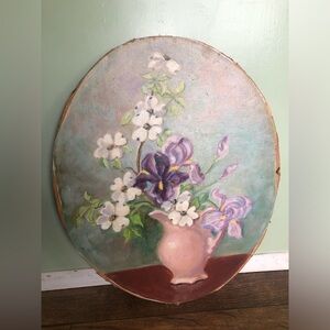 Vintage Floral Painting Flowers In Victorian Pitcher Vase, Oval 13.5 X 16.5”